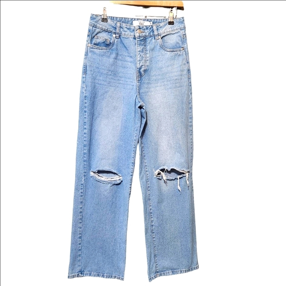Refuge Denim OSAKA Distressed Wide Leg Jeans High Waist Button Fly Light Wash 5